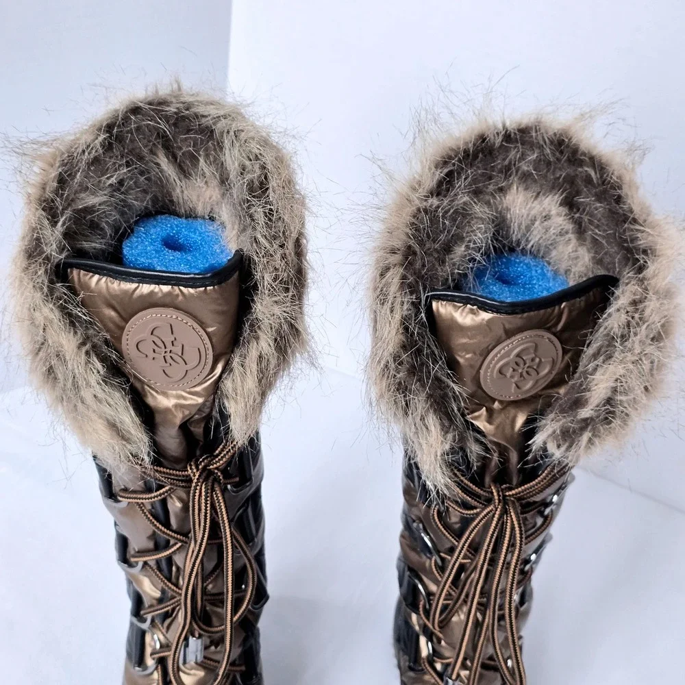 GUESS Hadly Womens Size 7M Tall Winter Boots Bronze Black Faux Fur Lace Up